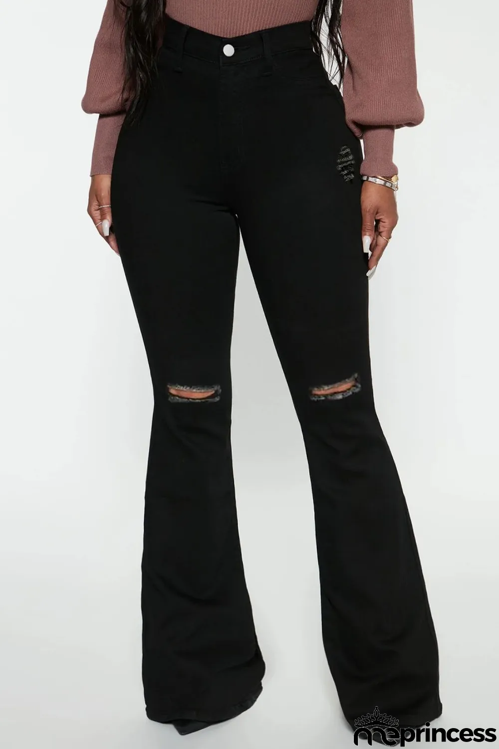 Black Casual Solid Ripped High Waist Boot Cut Denim Jeans