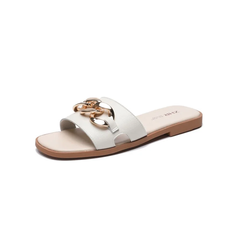 2021 Slippers Women Slides Luxury Brand Flip Flops Shoes Genuine Leather Square Toe Summer Slide Designers Sandals Casual Flats