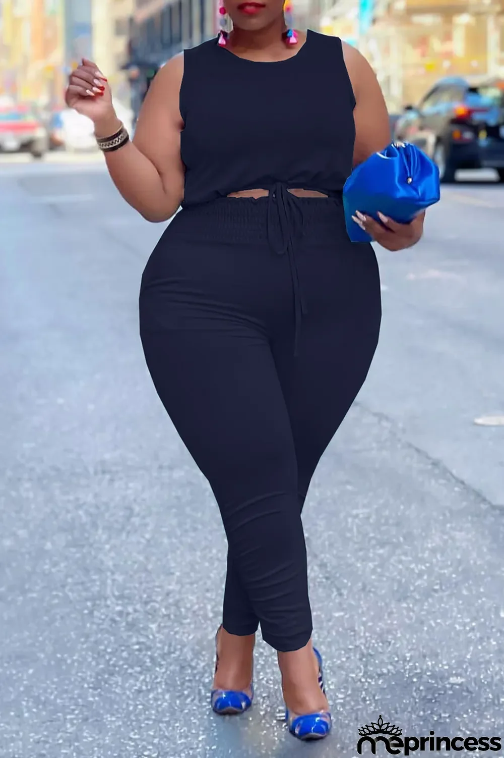 Sky Blue Casual Solid Split Joint O Neck Plus Size Two Pieces