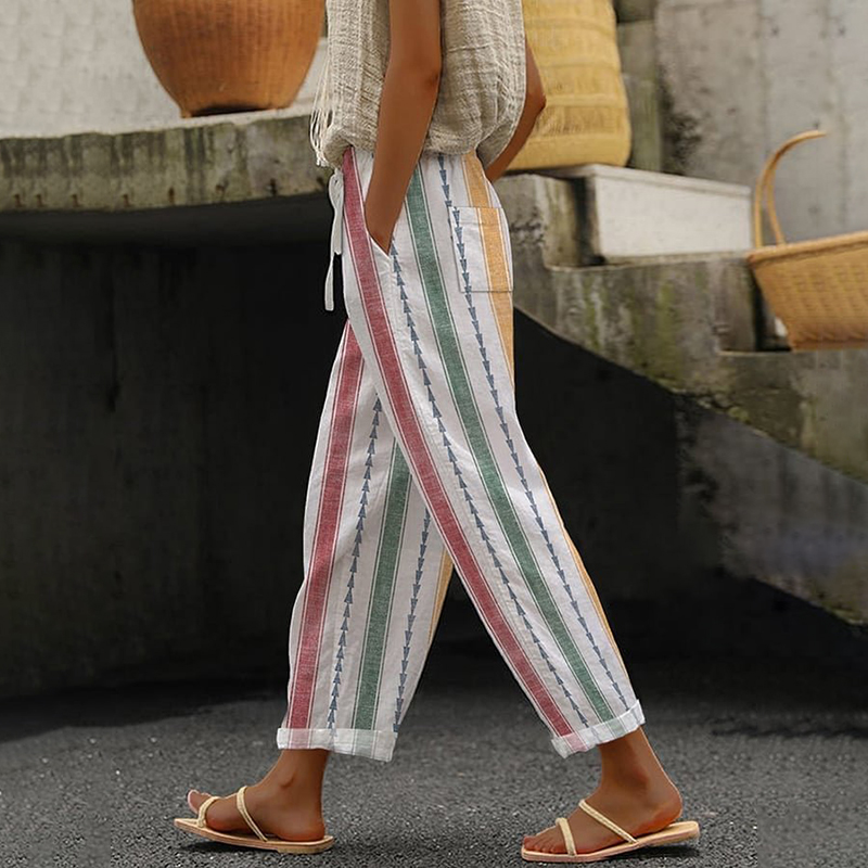 Comstylish Vintage Classic Retro Striped Linen Loose Cozy Pants