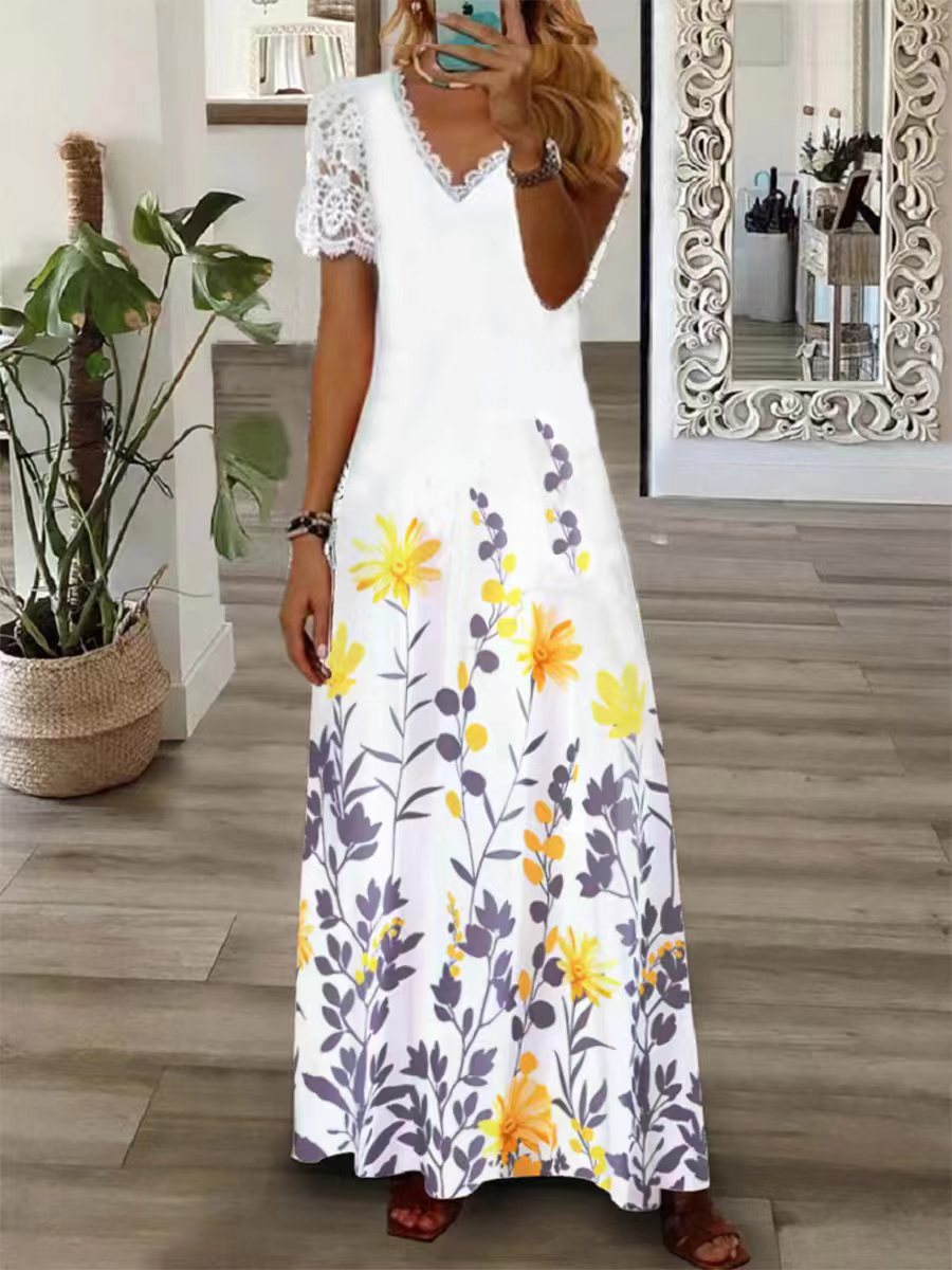 Fashion V Neck Lace Short Sleeve Printed Maxi Dress