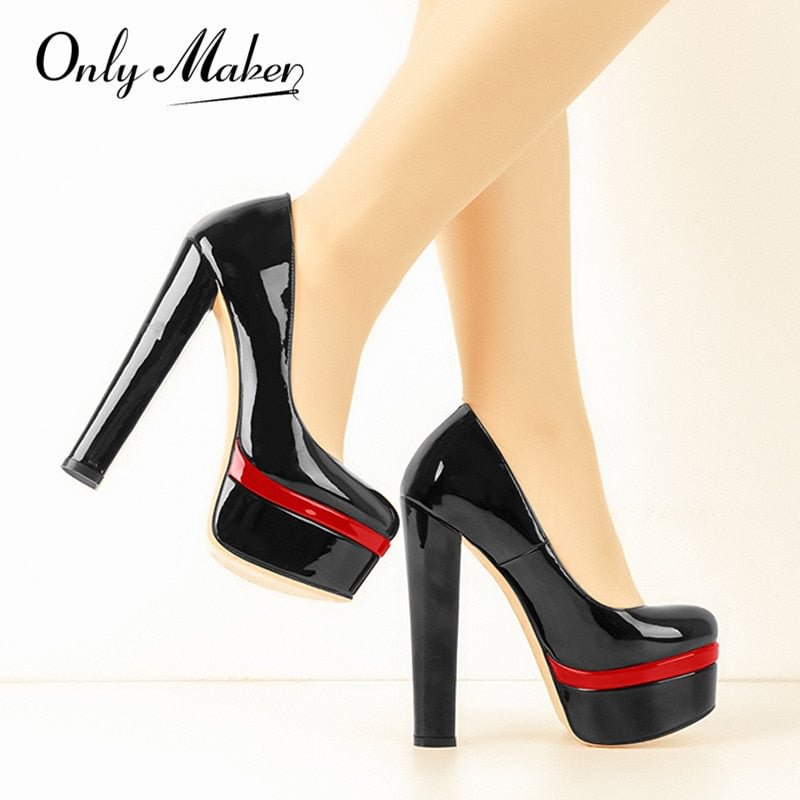 Onlymaker Women's Heels Platform Round Toe Chunky High Heels Office Party Wedding Slip On Block Pumps PLUS Size Shoes