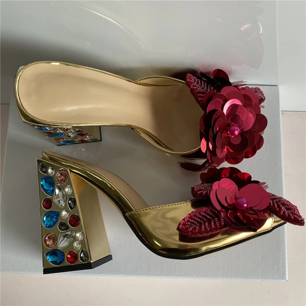 VCSHOES Sequins Flower Sandals Women Peep Toe Jeweled Square Heel String Bead Rhinestone High Heel Shoes Woman