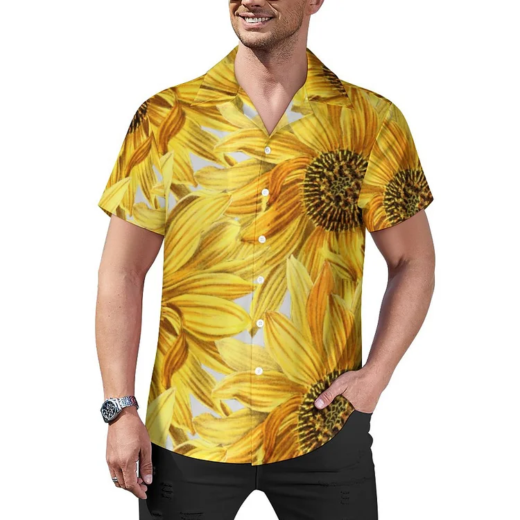 Yellow Sunflower Porch Or Patio Cuban Guayabera Beach Shirt Men Summer Tropical Casual Aloha Hawaiian Tops - Heather Prints Shirts