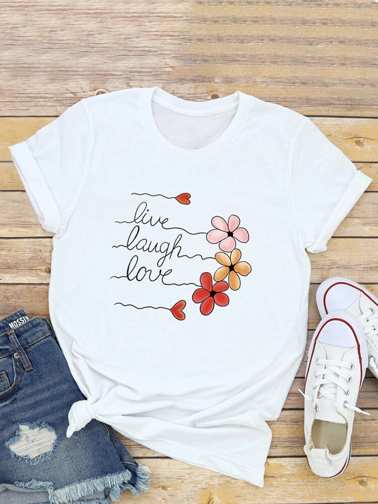 Flower Letters Print Short Sleeve O neck Cotton Casual T shirt P1690944