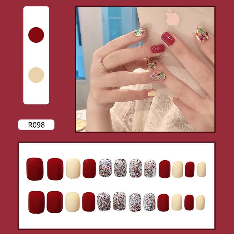 Short Square False Nails 24 PCS Stick on Jelly Fake Nail Piece Full Cover Glossy Manicure for Nail Salon Art DIY SANA889-Nail Inspo