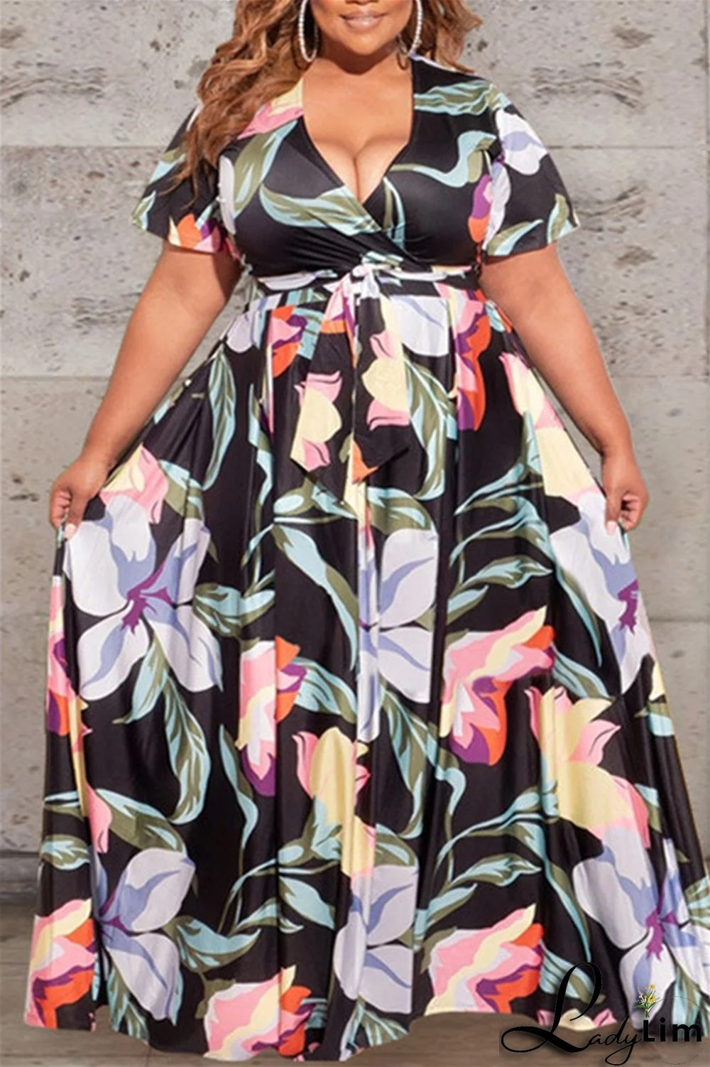 Earth Yellow Fashion Casual Print Bandage V Neck Plus Size Two Pieces