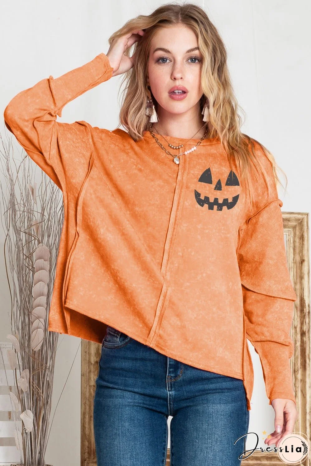 Round Neck Long Sleeve Jack-O'-Lantern Graphic Blouse
