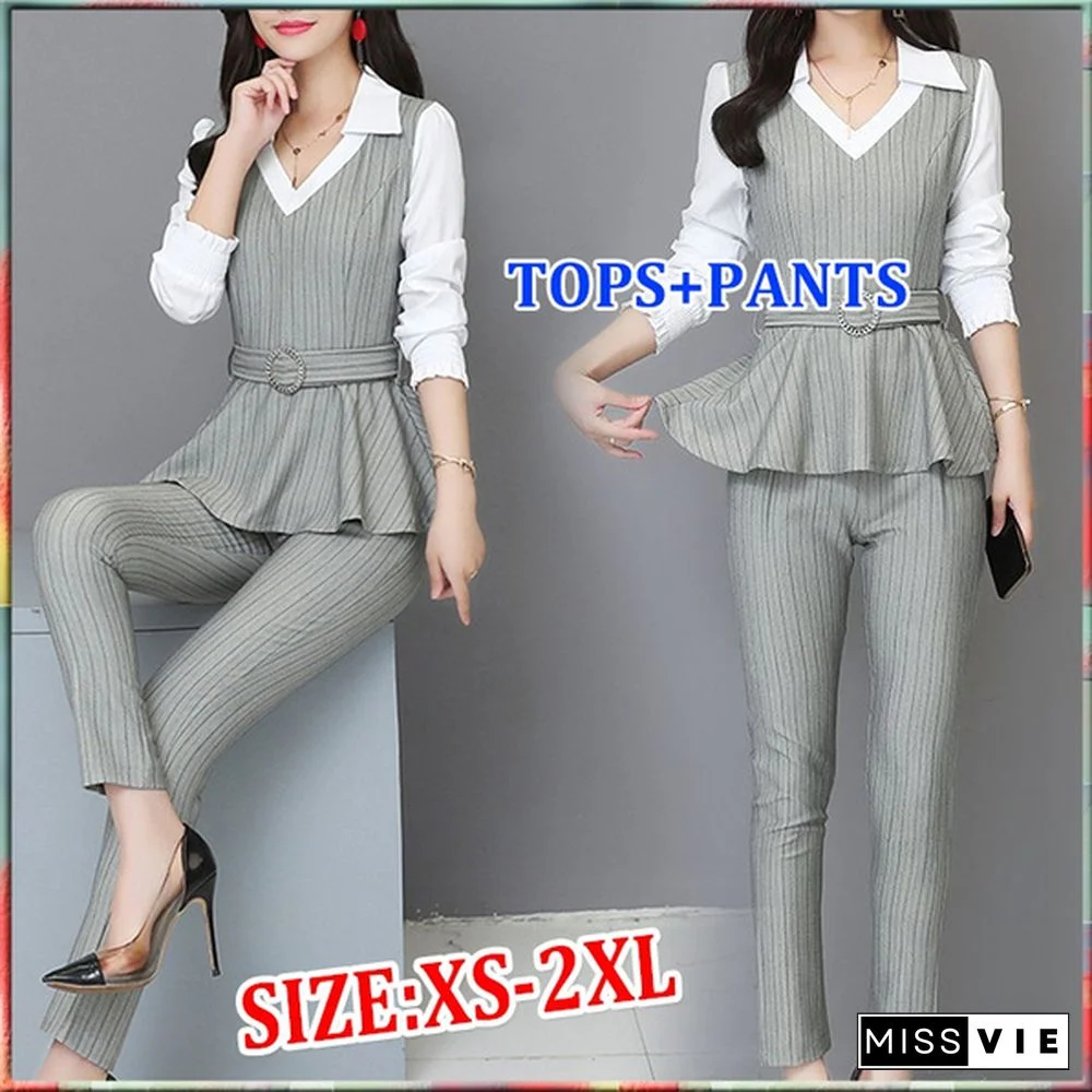 Grey Black Office Striped Two Piece Sets Outfits Women Plus Size Fake Two Pieces Shirts And Pants Suits Elegant Korean Sets