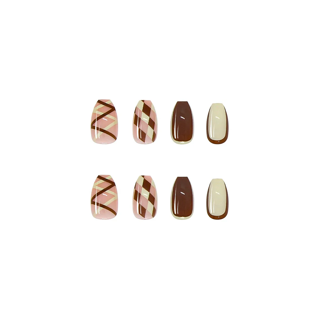 24PCS Plaid Nail Patch French Style Glue Type Removable Long Paragraph Manicure Save Time False Nail Patch SANA889-Nail Inspo