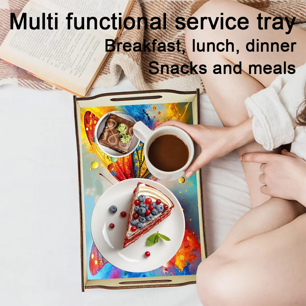 DIY Diamond Painted Dining Plate with Handle Wooden Food Tray Home Decor Gift