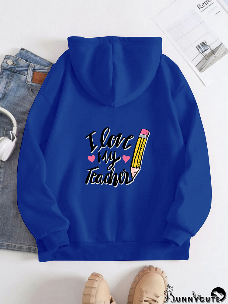 Printed on the Back Kangaroo Pocket Hoodie Long Sleeve for Women Pattern Crayons and Teacher's Day greetings