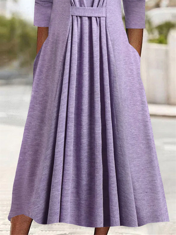 Women Half Sleeve V-neck Solid Color Dress