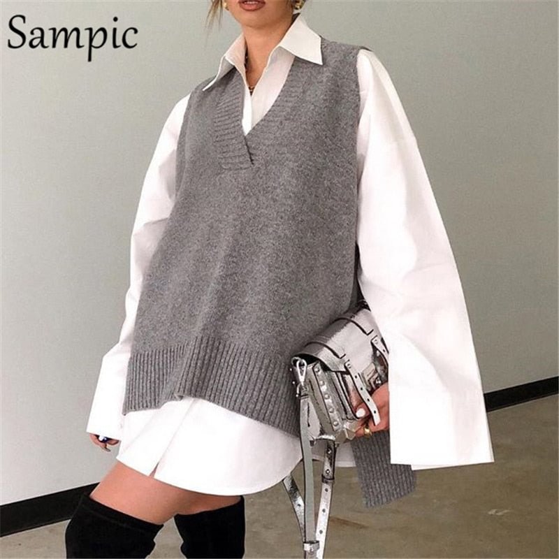 Sampic Winter 2020 Sleeveless Off Shoulder Pullover Autumn Knitted Sweater Tops Woman Fall Casual Long Sweater Vest Jumpers