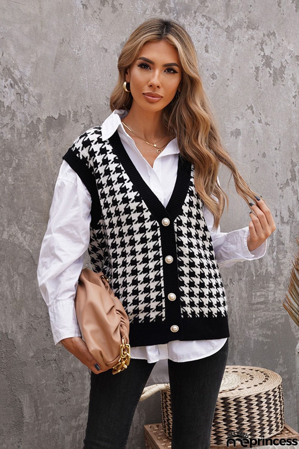 Black Houndstooth Knitted Vest
