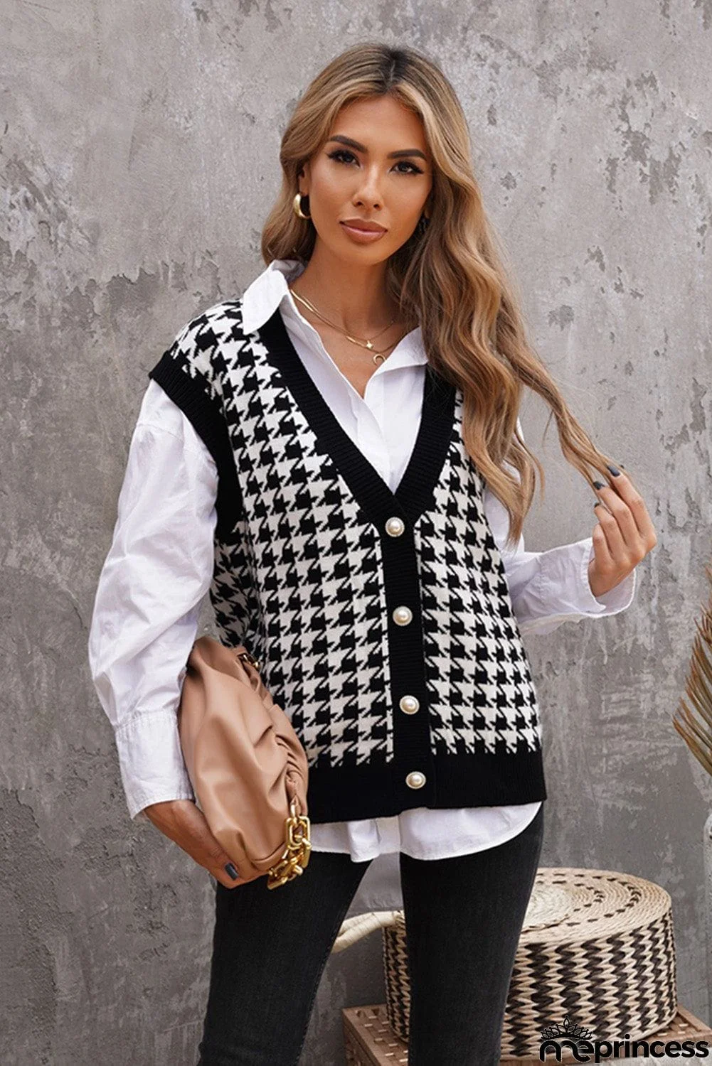 Black Houndstooth Knitted Vest