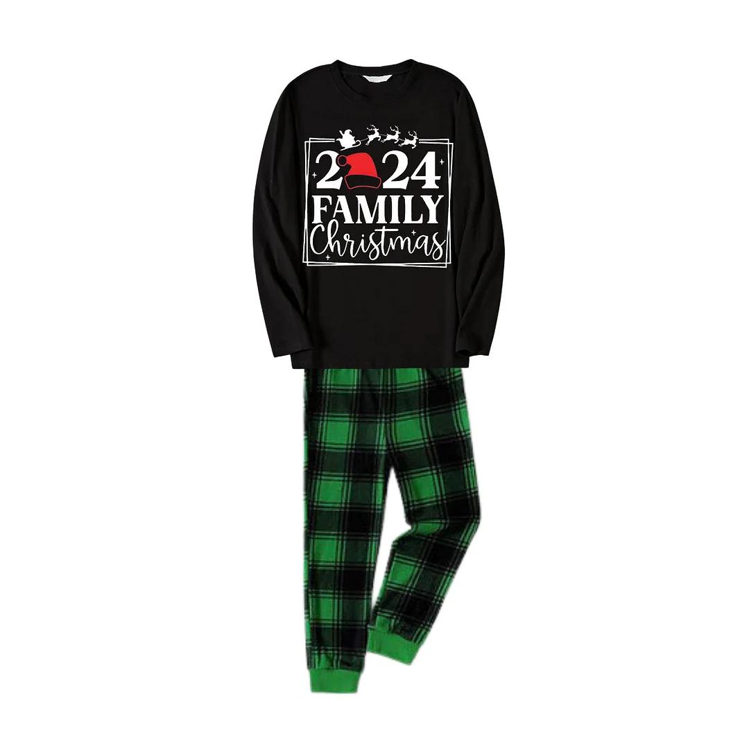 "Family Christmas 2024" Text Printed Black and Green Plaid Family Christmas Matching Pajamas