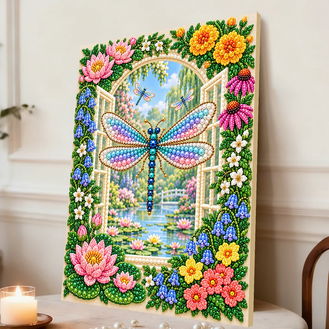 Framed Pearl Painting Kit Dragonfly Flowers 30x40cm