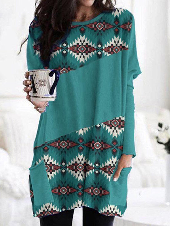 Women's Scoop Neck Long Sleeve Geometric Stitching Graphic Printed Midi Dress Tops