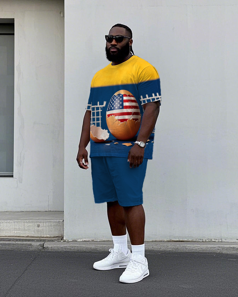 Big Men's Satire Egg USA Splicing Style Casual Short Sleeve T-Shirt Shorts Set