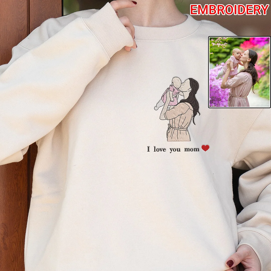 Custom Embroidered Portrait Sweatshirt of Mom and Daughter From Photo