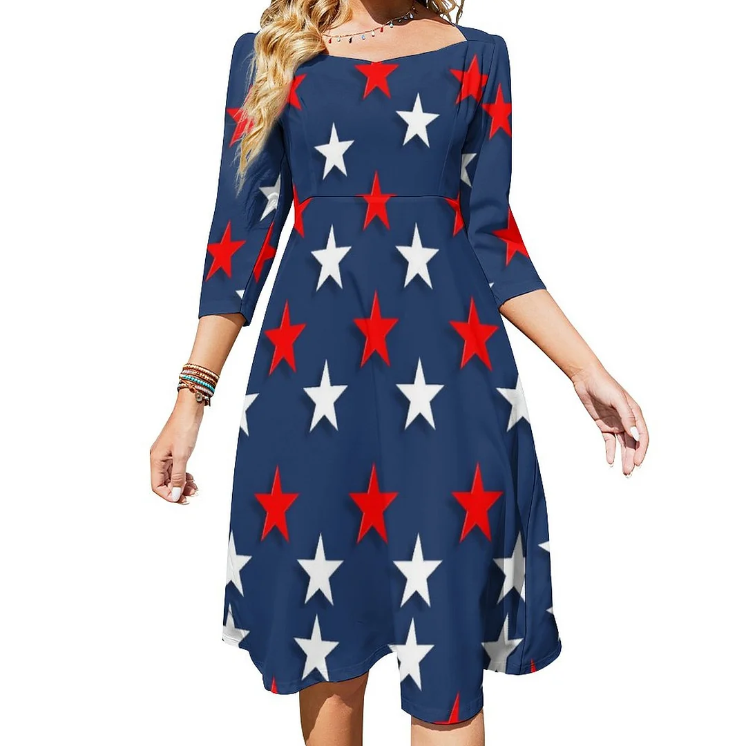 Stars Red White Blue Patriotic 4Th July Dress Sweetheart Tie Back Flared 3/4 Sleeve Midi Dresses