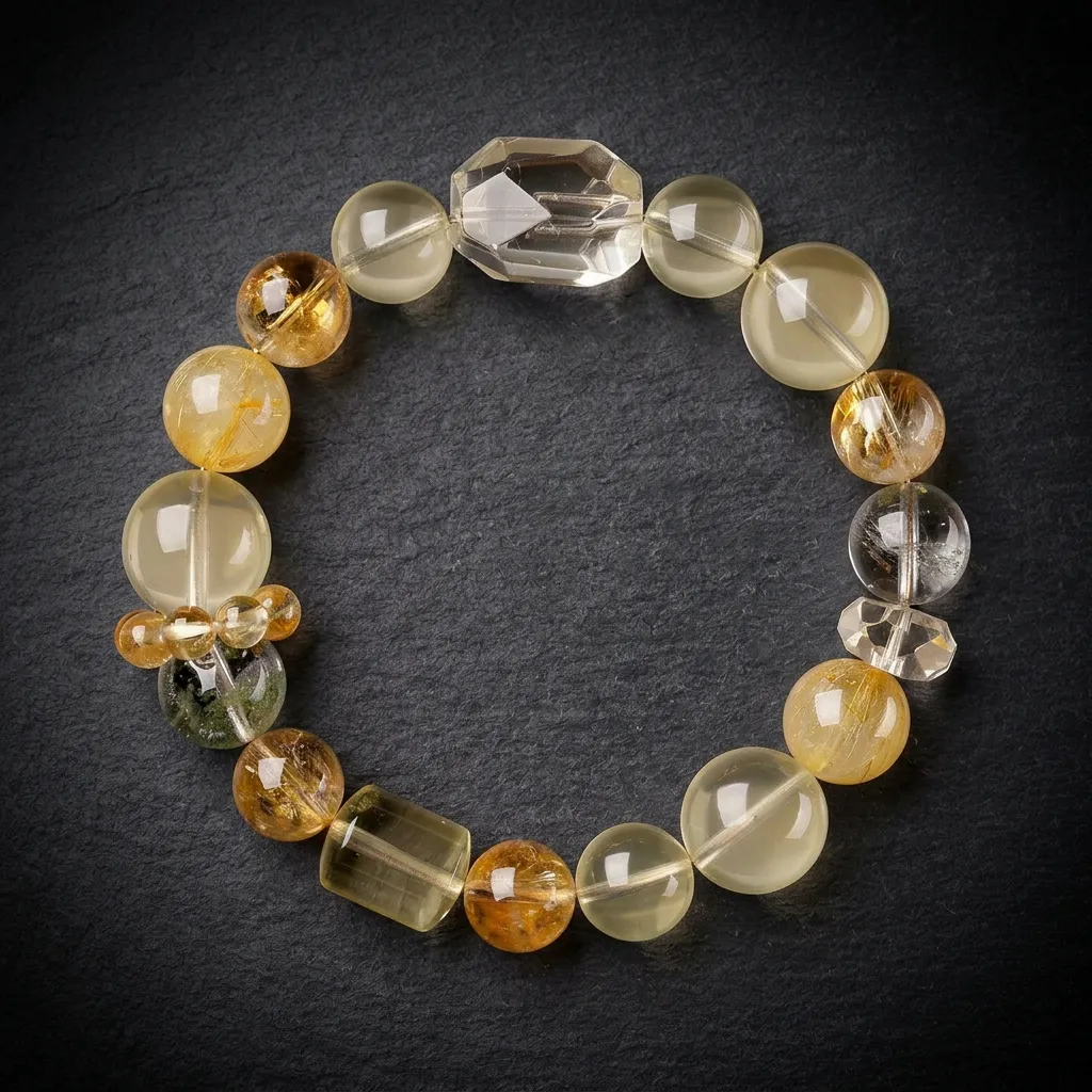 JiStones Ethereal Radiance Bracelet - Natural Citrine & Rutilated Quartz Fortune Collection Sun-Kissed Verdant