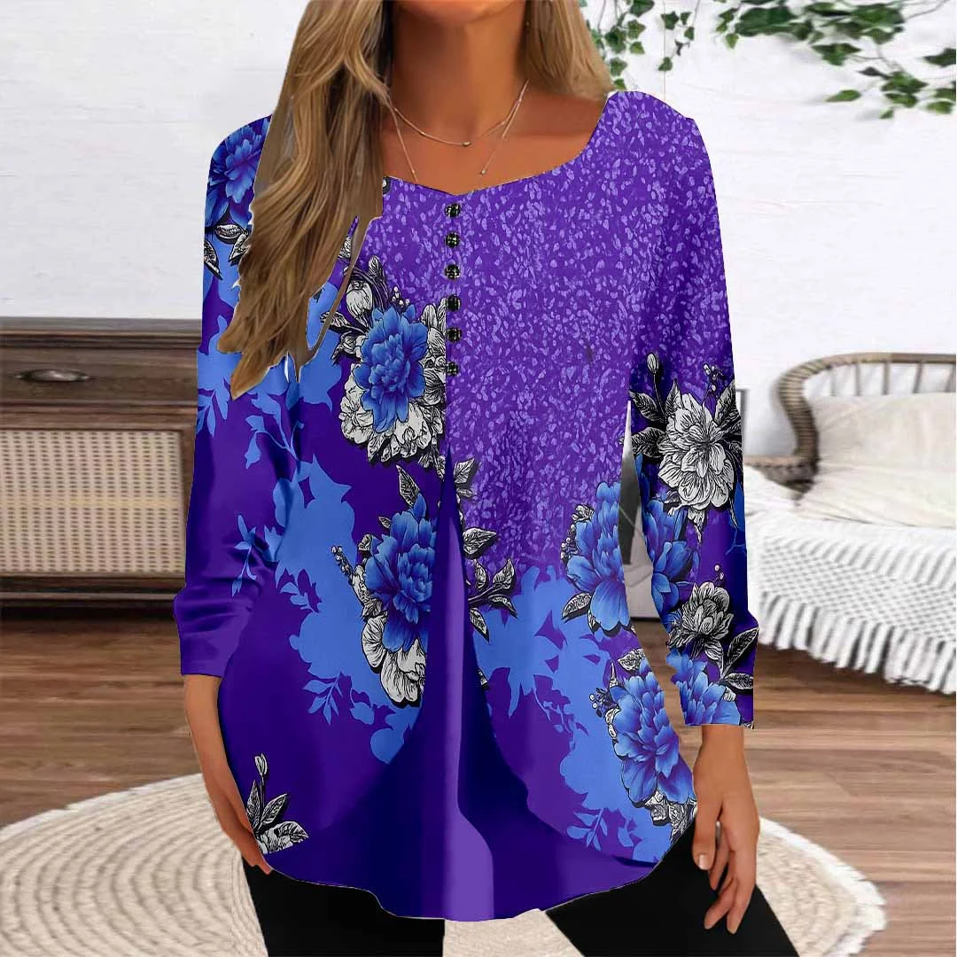 Women Floral,Purple DZGG8305 Long Sleeve Scoop Neck Printed Graphic Button Fake 2in1 Tops