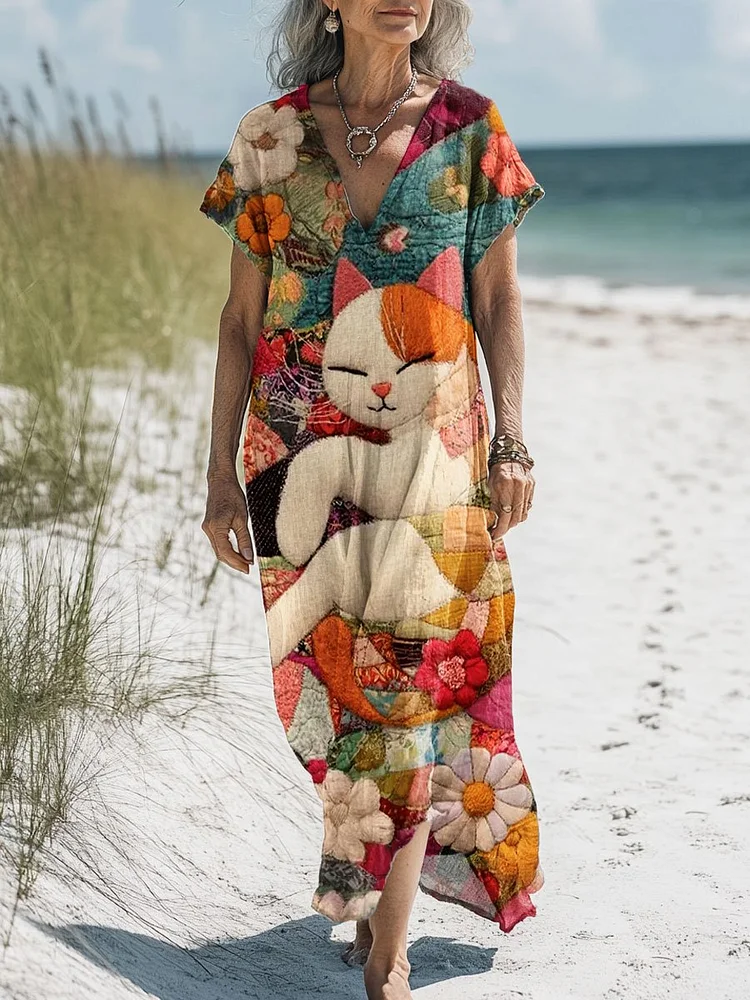 Women's Vintage Floral Cat Art Print Pocket Cotton Dress