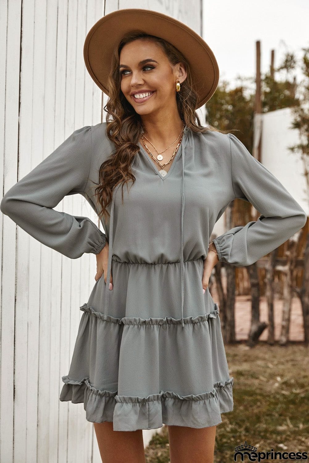 V Neck Long Sleeve Ruffle Tiered Mini Dress