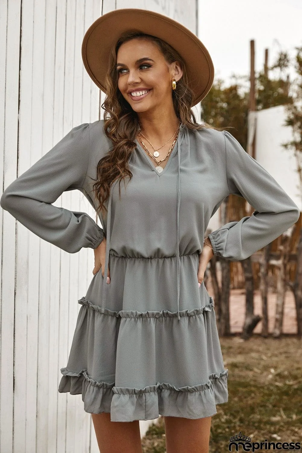V Neck Long Sleeve Ruffle Tiered Mini Dress