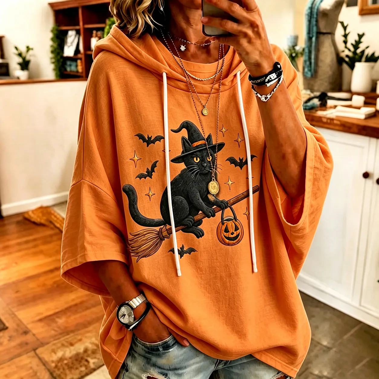 Women's Halloween Magical Black Cat Print Casual Hoodie artswardrobe