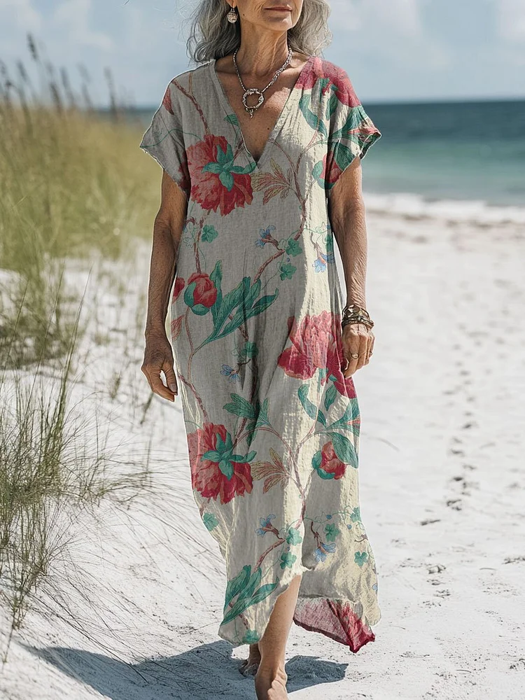 Women's Vintage Flower Art Print Pocket Cotton Dress