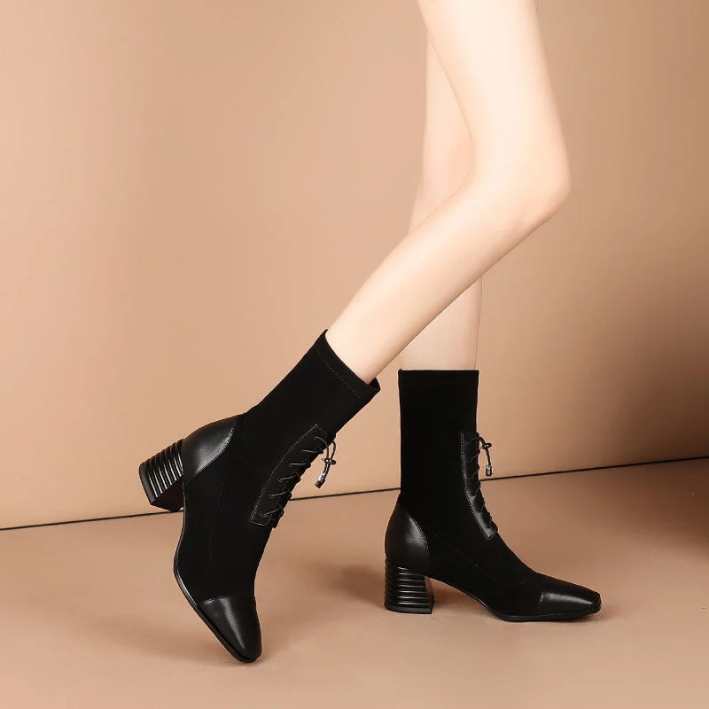 Mid Heel Slim Sock Boots,Women Autumn/Winter Shoes,Square Toe,Lace-up,Thick Heel,Stretch Fabric Boot,Female Footware,Brown,BLACK