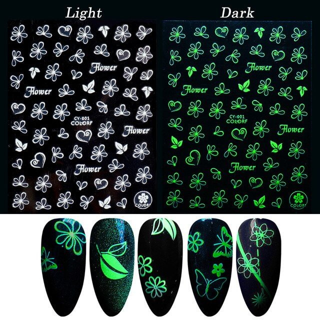 Nail Stickers Back Glue Fluorescent Light Flower Butterfly Feather Designs Nail Decal Decoration Tips For Beauty Salons