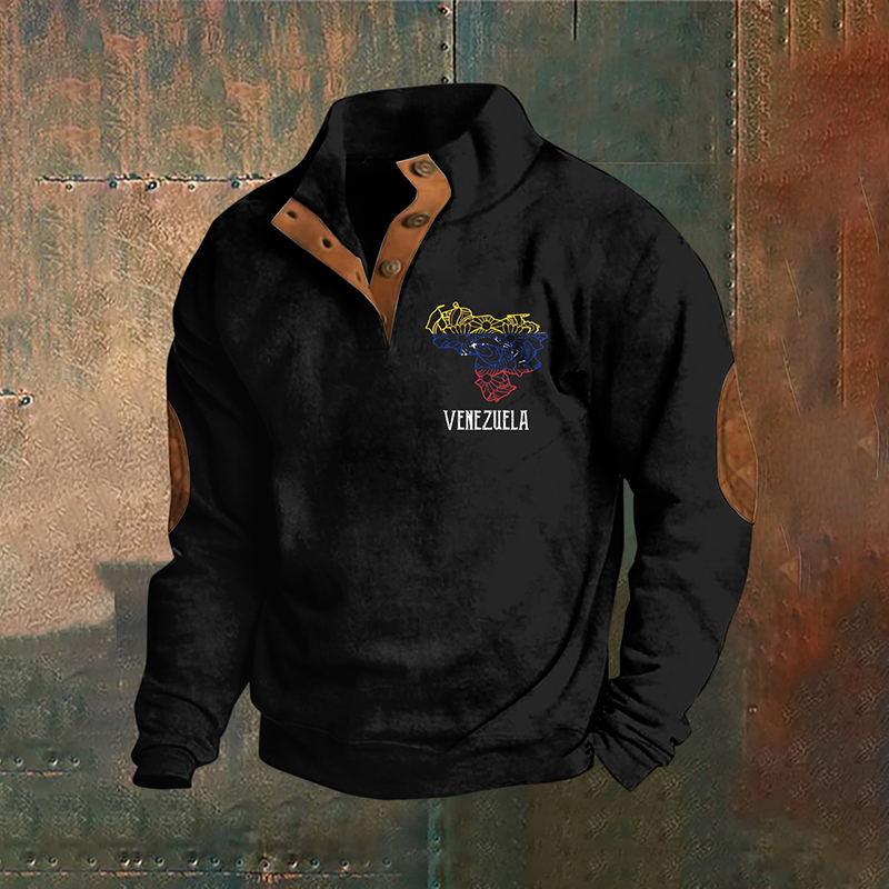 Men's Venezuela Map Print Stand Collar Button Sweatshirt artswardrobe