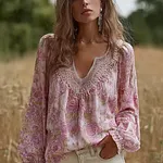 Bohemian Retro Countryside Style Plant Flower Design Cotton And Linen Women's Long-sleeve Shirt - Image 2