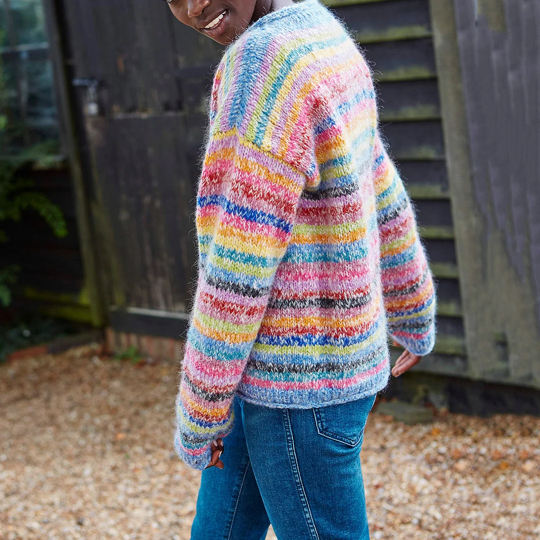 Vintage Mohair Rainbow Stripe Knit Jacquard Crew Neck Sweater