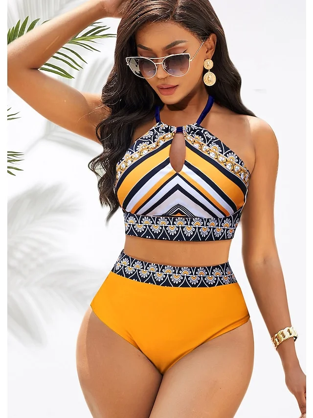 Women's Swimwear Bikini Plus Size Swimsuit 2 Piece Graphic Orange Bandeau Bathing Suits Sports Summer