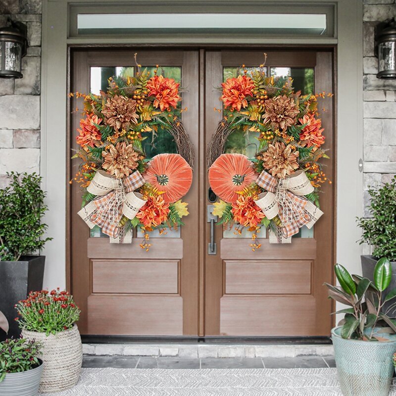 Fall Themed Door Wreath Velvet Pumpkin Berries Pine Cone Maple Home Decoration