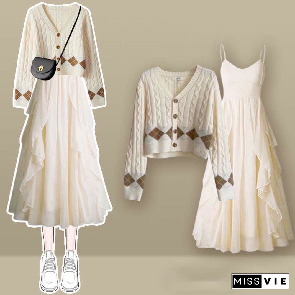 Rhombus Print Cardigan Sweater Slip Dress Two Pieces