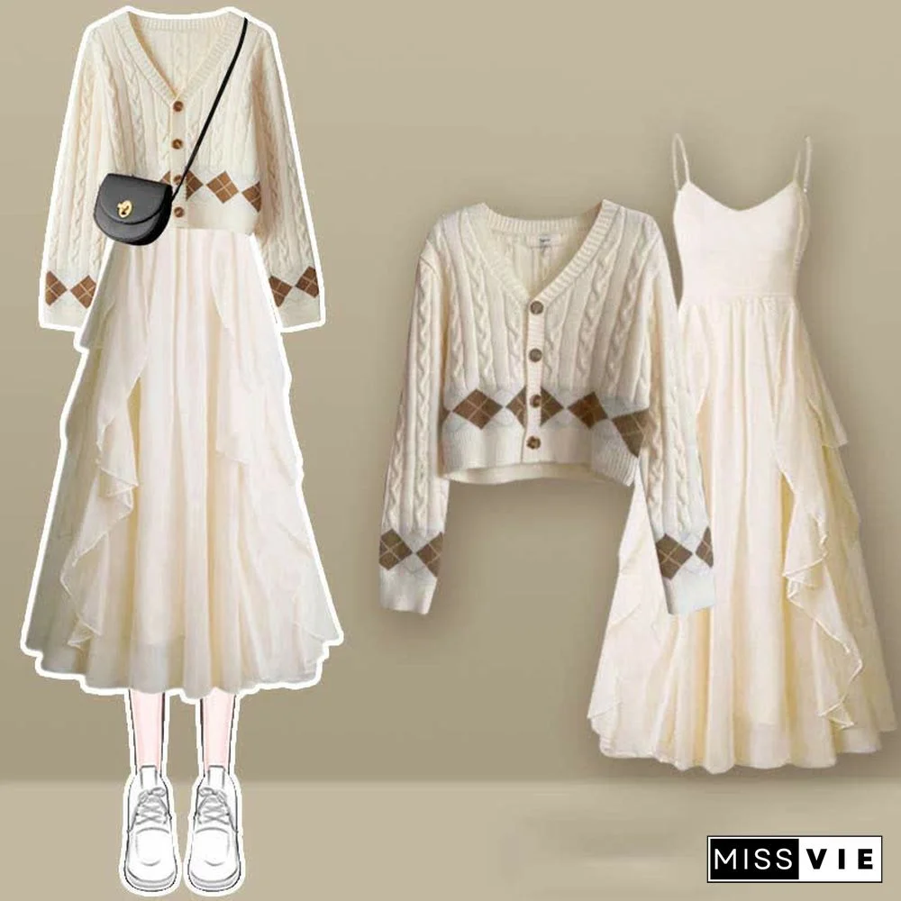 Rhombus Print Cardigan Sweater Slip Dress Two Pieces