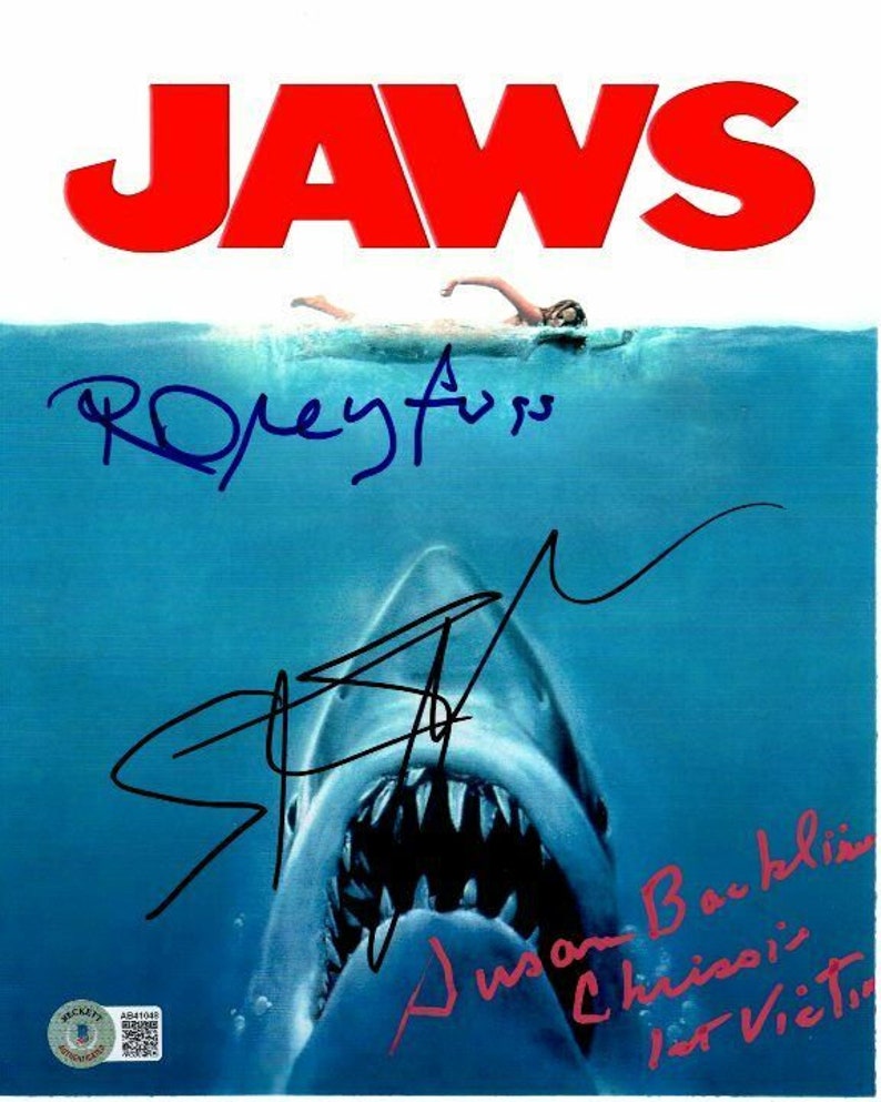 Richard dreyfuss susan backlinie steven spielberg signed jaws Photo Poster painting beckett loa