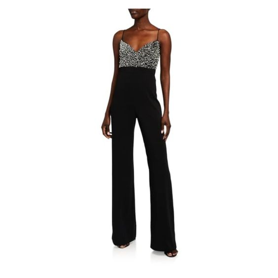Lussooy Black Long Women's Party Spaghetti-Straps Beaded Jumpsuit  
