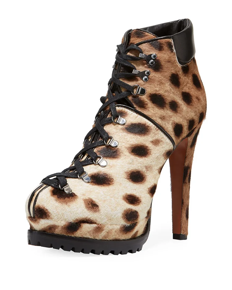 Leopard Print Horse Fur Platform Lace Up Boots Chunky Heel Ankle Boots |FSJ Shoes