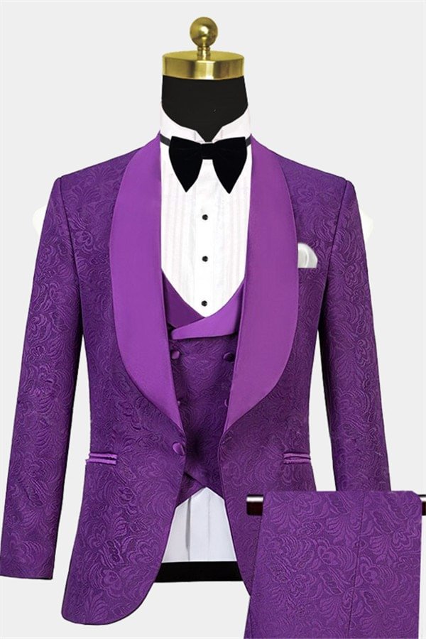 Handsome Three Pieces Jacquare Violet Wedding Guest Suit | Ballbellas Ballbellas
