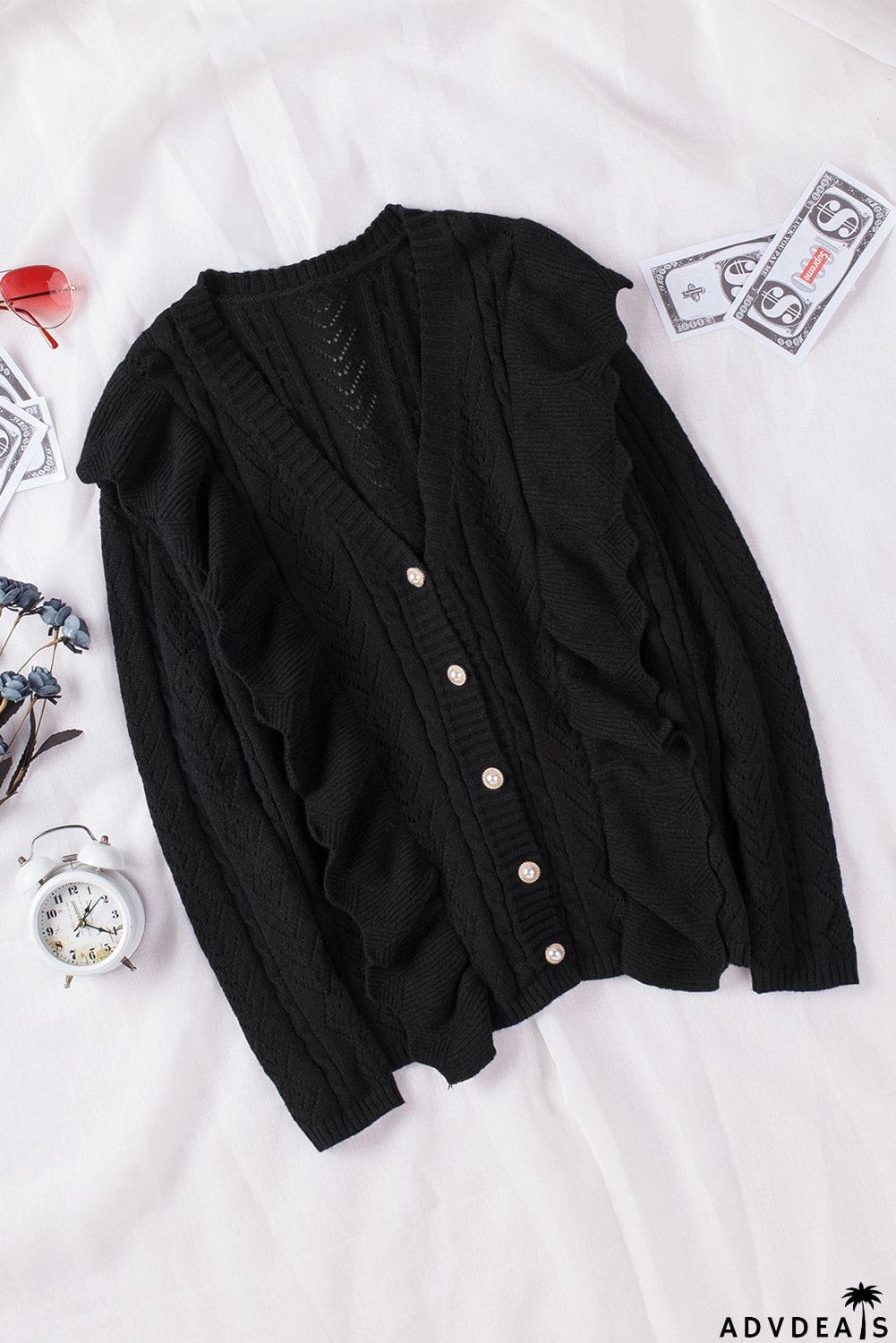 Ruffled Buttoned Open Front Knitted Sweater