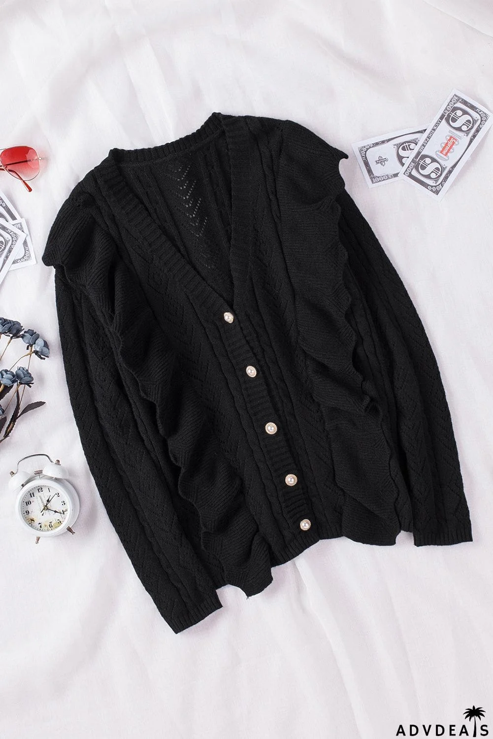 Ruffled Buttoned Open Front Knitted Sweater