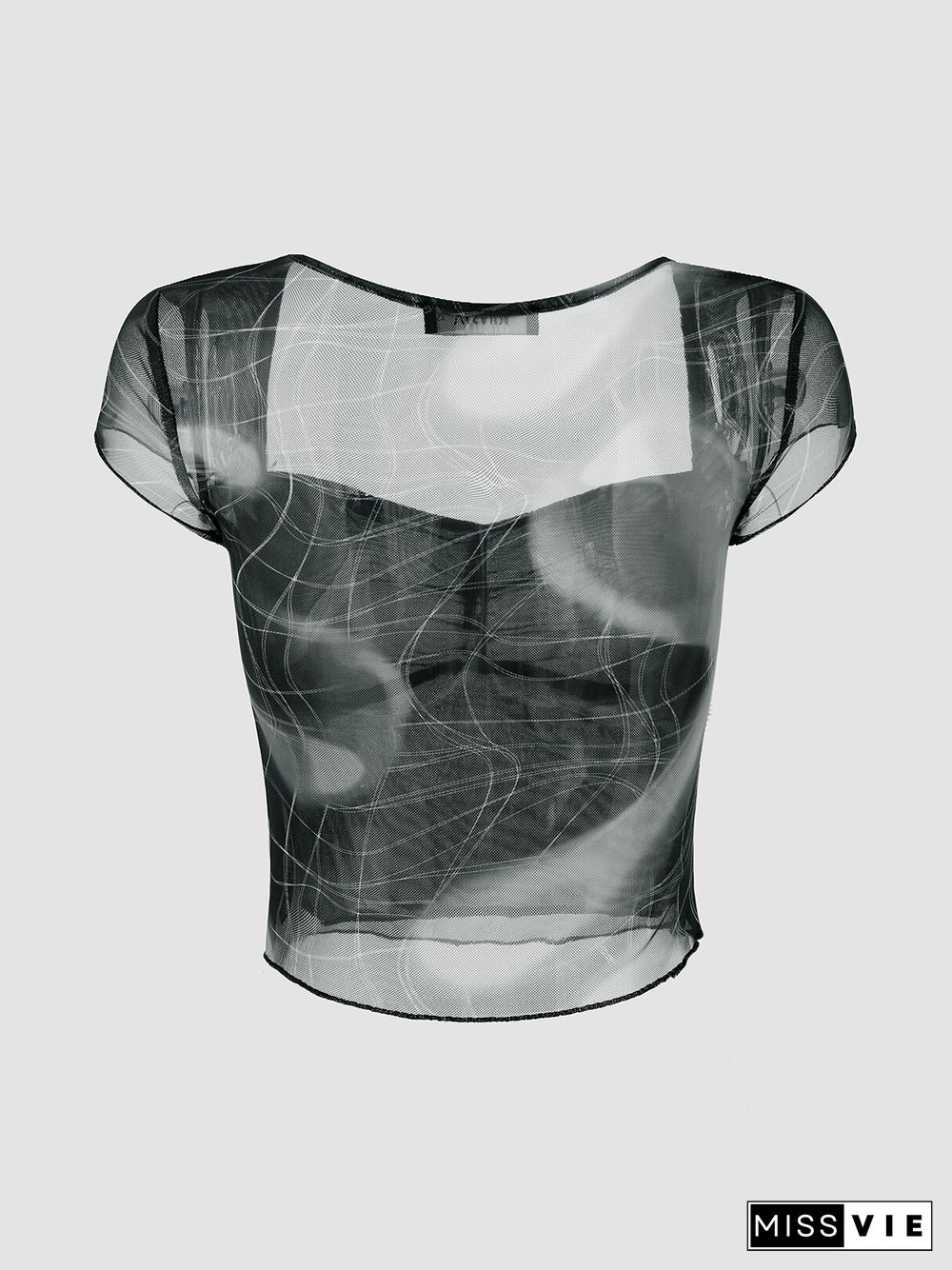 Print Lettuce Trim Short Sleeve Sqaure Collar Crop Top