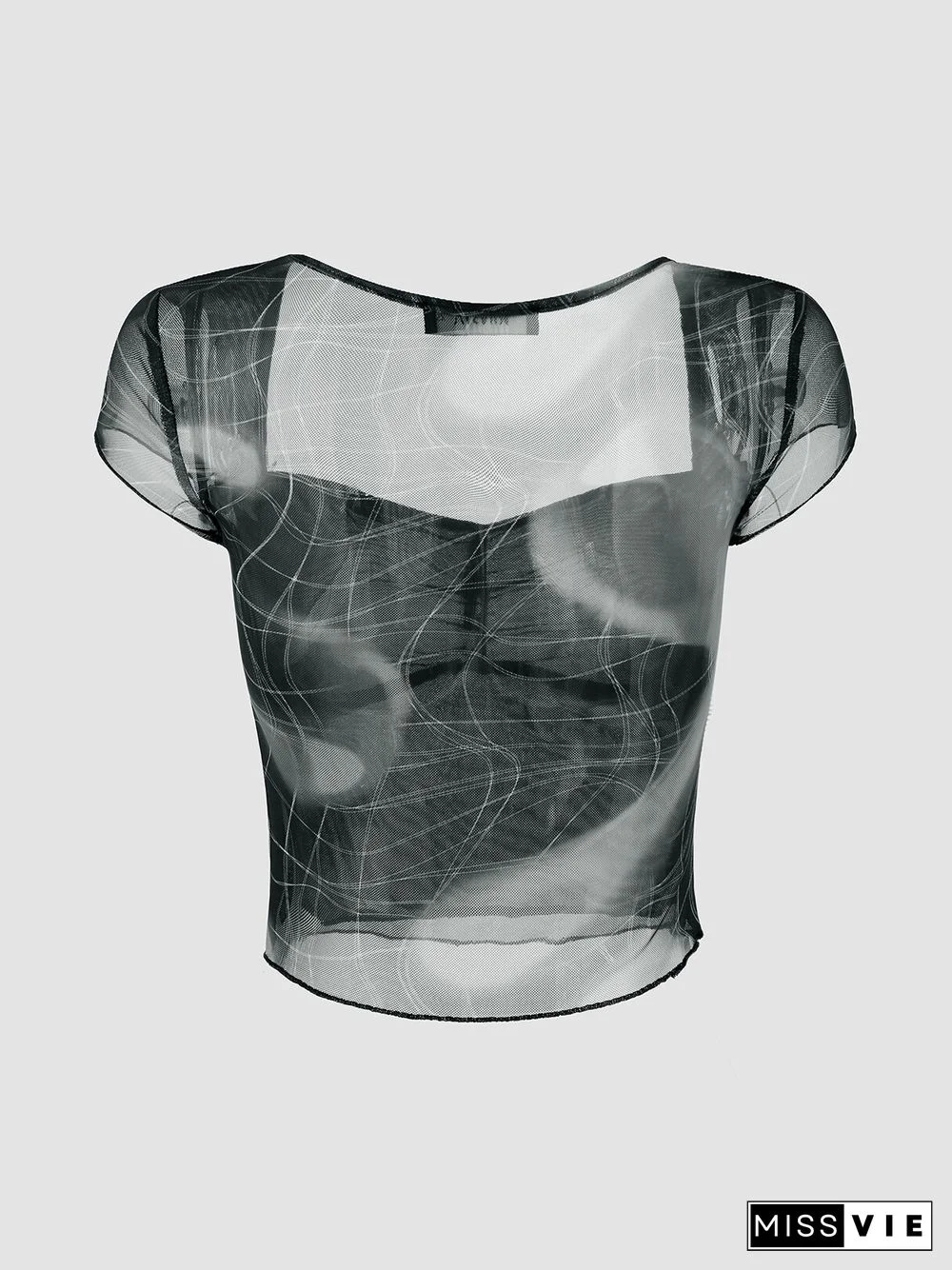 Print Lettuce Trim Short Sleeve Sqaure Collar Crop Top